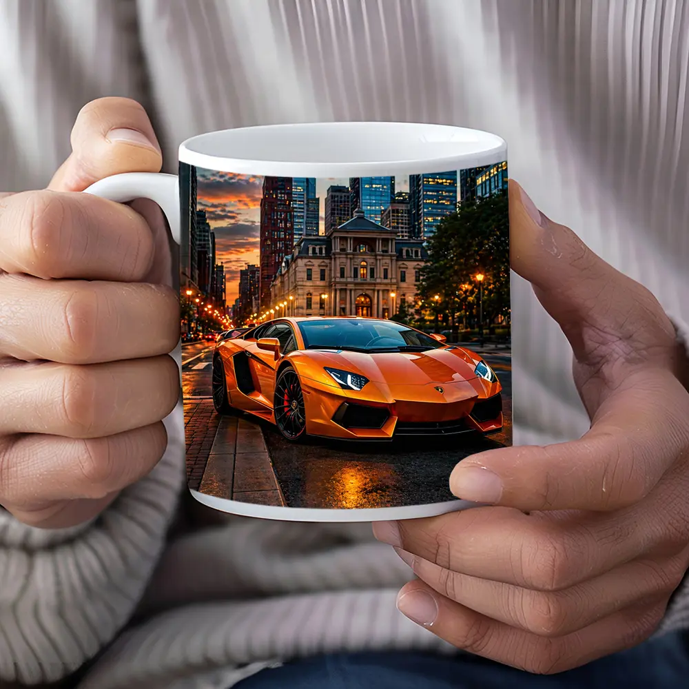 Orange Lamborghini Aventador City Street Sunset – Mugs