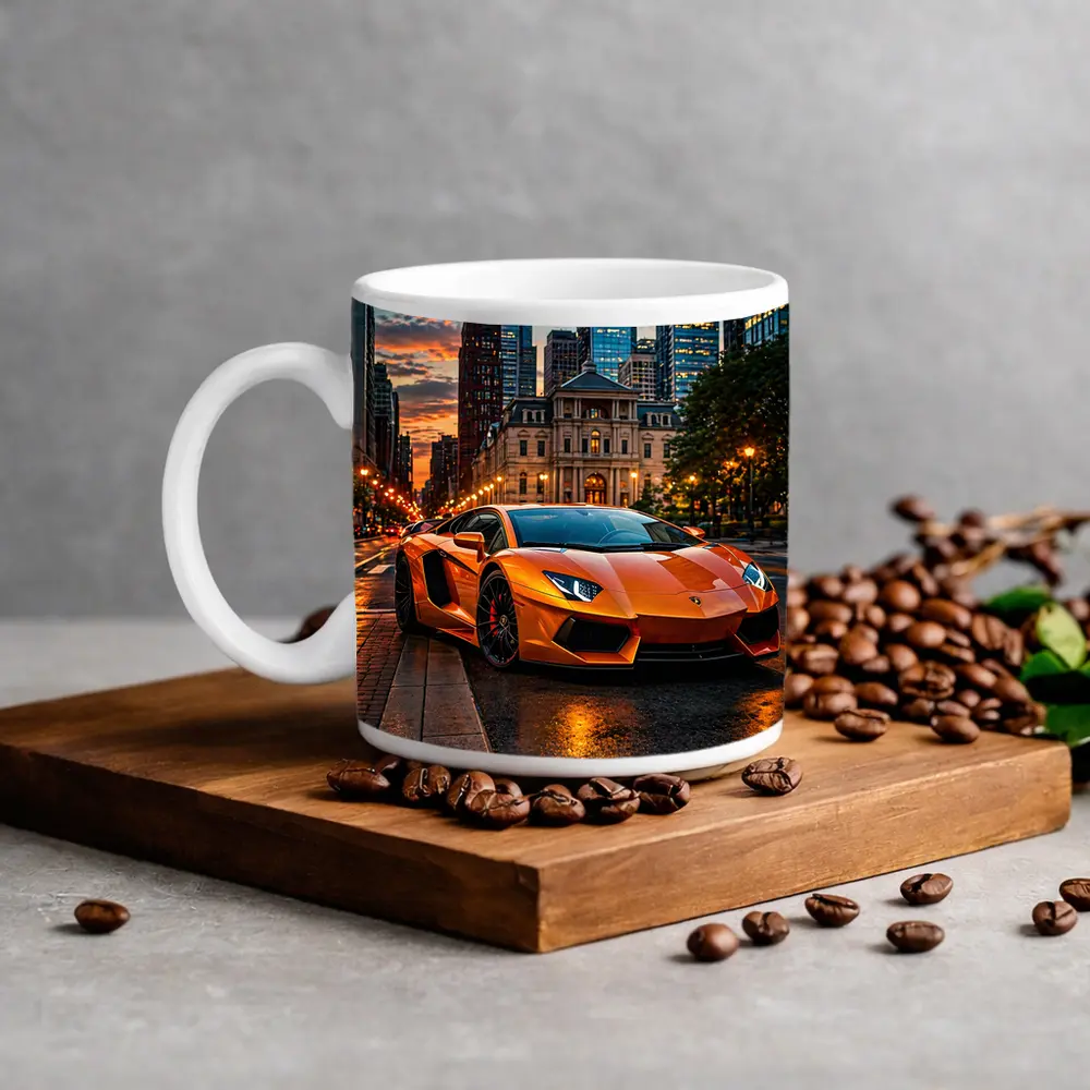 Orange Lamborghini Aventador City Street Sunset – Mugs