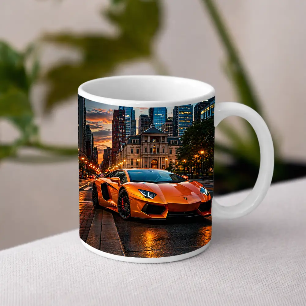 Orange Lamborghini Aventador City Street Sunset – Mugs