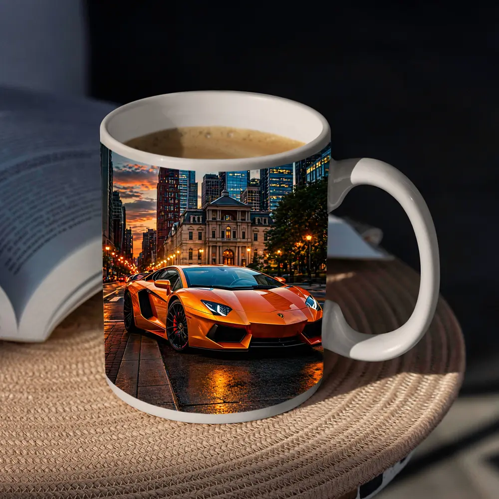 Orange Lamborghini Aventador City Street Sunset – Mugs