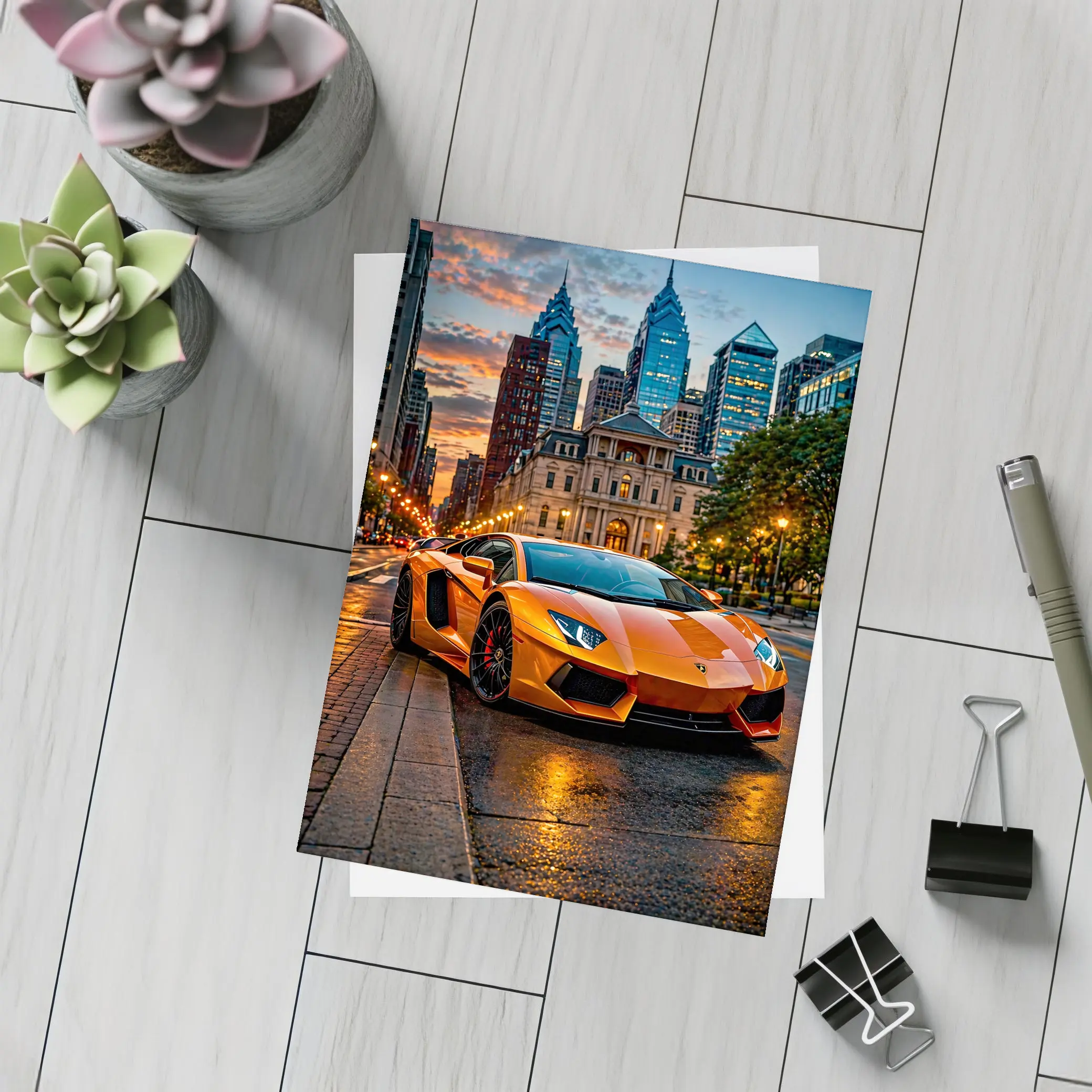 Orange Lamborghini Aventador City Street Sunset – Postcards