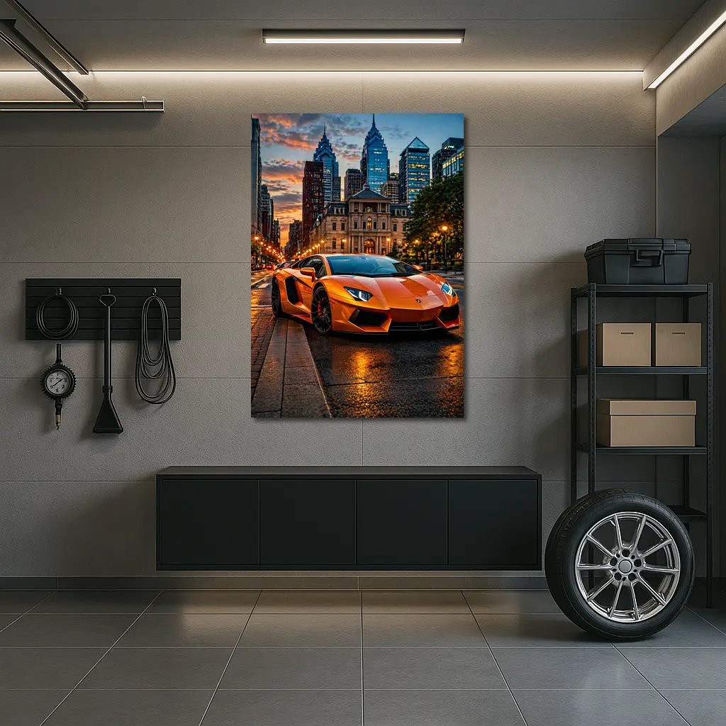 Orange Lamborghini Aventador City Street Sunset – Wall Art