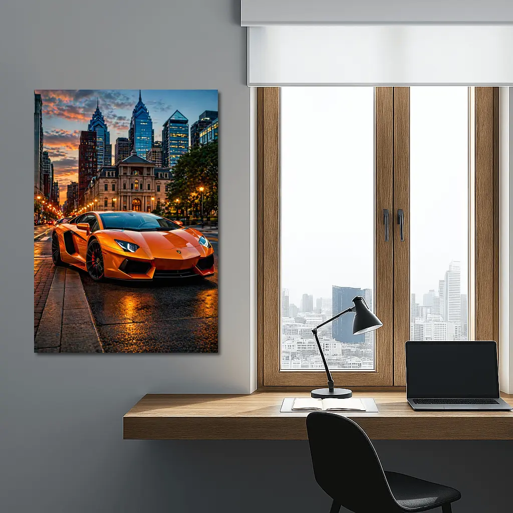 Orange Lamborghini Aventador City Street Sunset – Wall Art