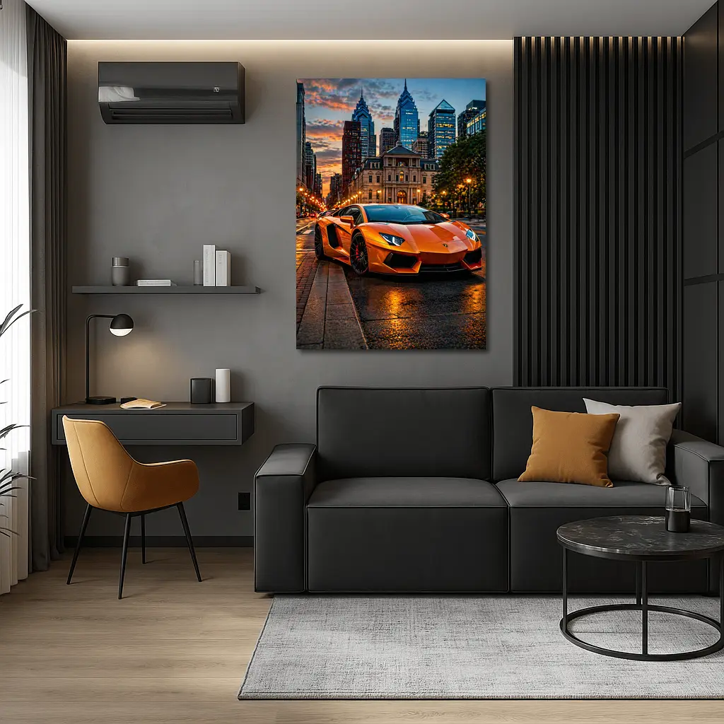 Orange Lamborghini Aventador City Street Sunset – Wall Art
