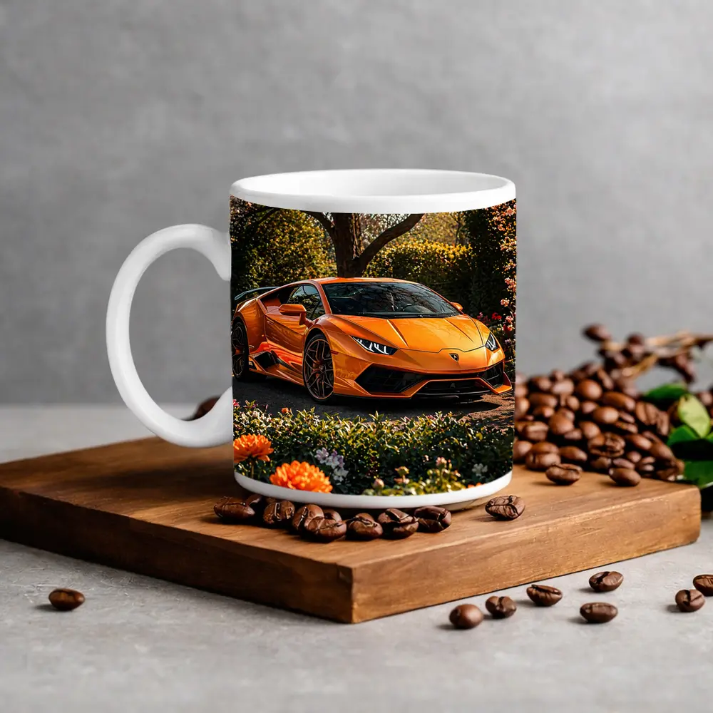Orange Lamborghini Huracan Garden Flower Setting – Mugs