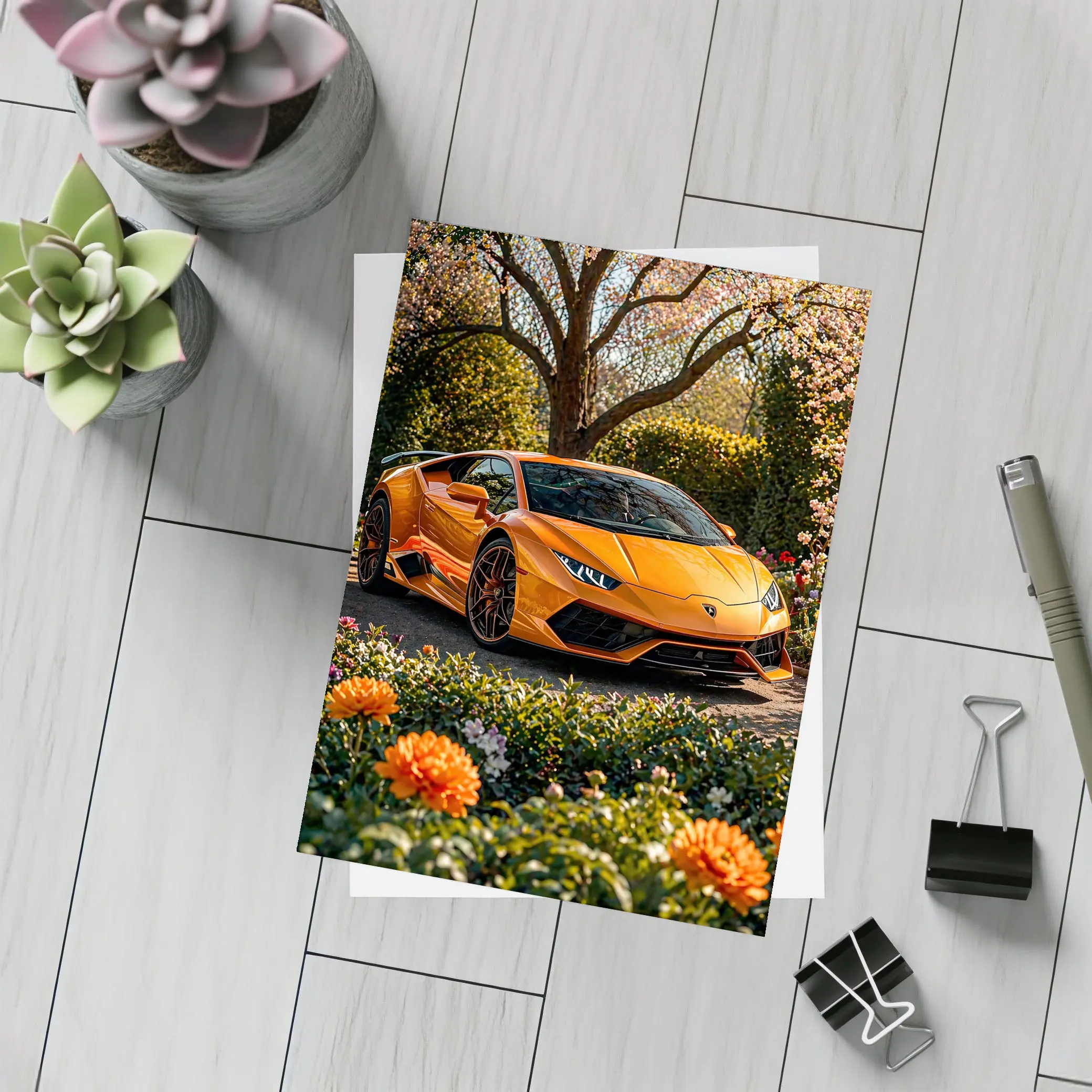 Orange Lamborghini Huracan Garden Flower Setting – Postcards