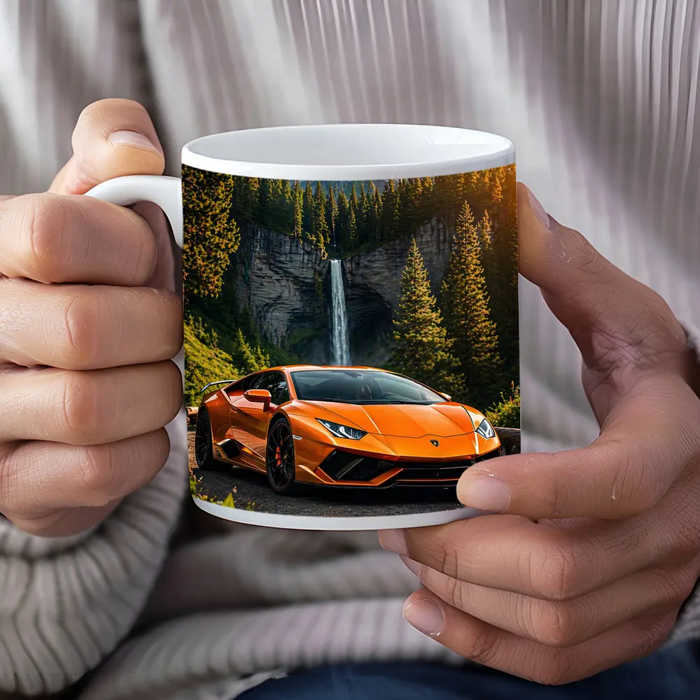 Orange Lamborghini Huracan Mountain Waterfall Forest – Mugs