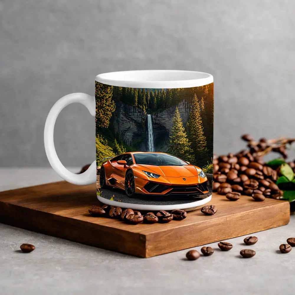 Orange Lamborghini Huracan Mountain Waterfall Forest – Mugs