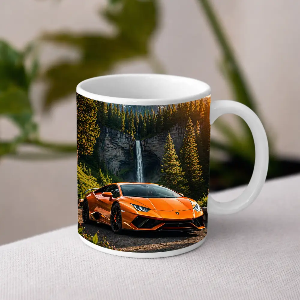 Orange Lamborghini Huracan Mountain Waterfall Forest – Mugs
