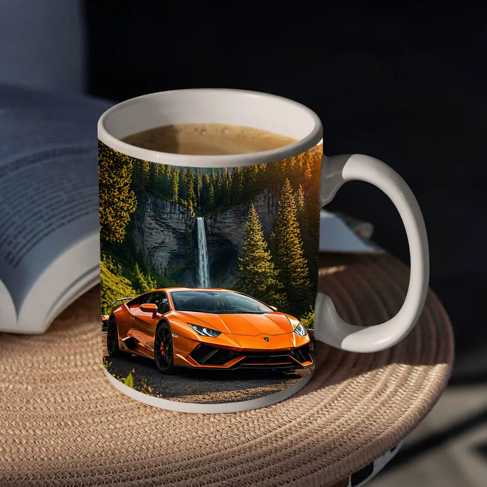 Orange Lamborghini Huracan Mountain Waterfall Forest – Mugs