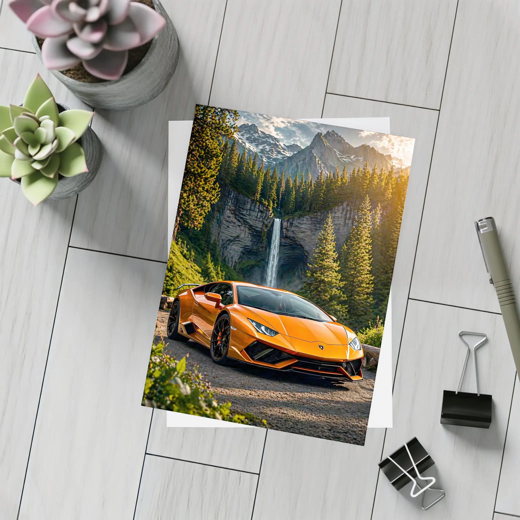 Orange Lamborghini Huracan Mountain Waterfall Forest – Postcards