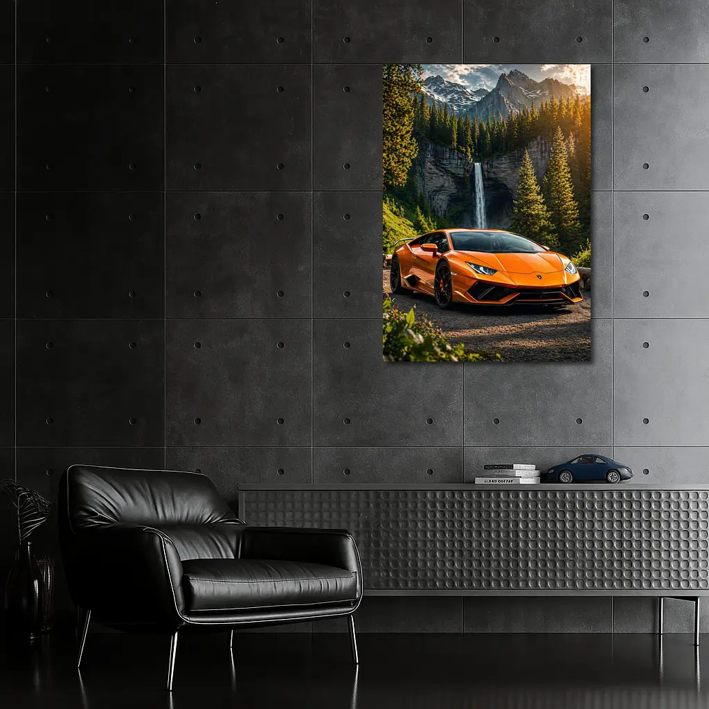 Orange Lamborghini Huracan Mountain Waterfall Forest – Wall Art