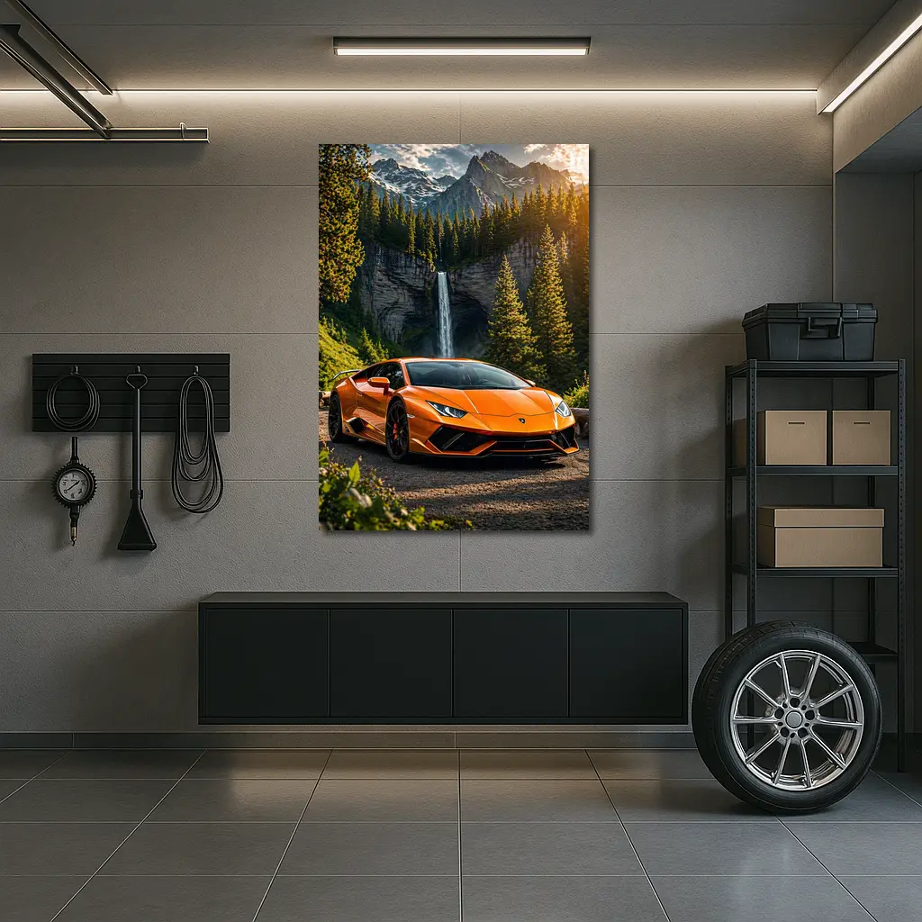 Orange Lamborghini Huracan Mountain Waterfall Forest – Wall Art