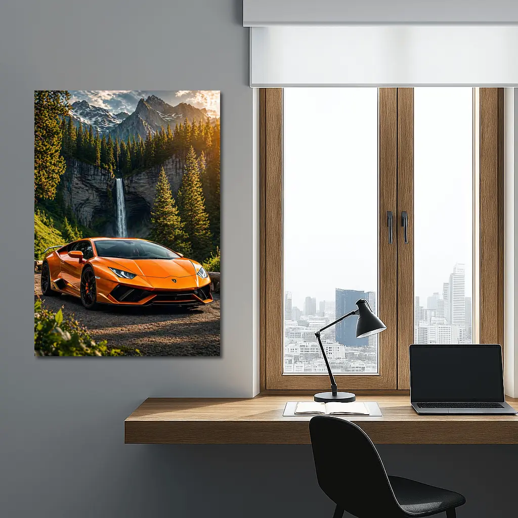 Orange Lamborghini Huracan Mountain Waterfall Forest – Wall Art