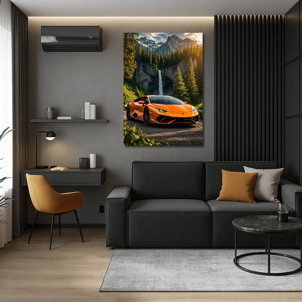 Orange Lamborghini Huracan Mountain Waterfall Forest – Wall Art