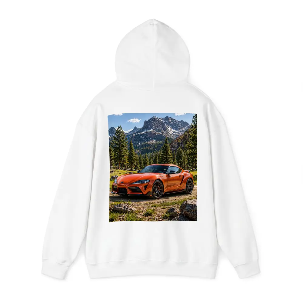 Orange Toyota Supra Mountain Forest Setting – Hoodies