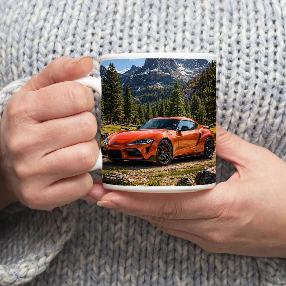 Orange Toyota Supra Mountain Forest Setting – Mugs