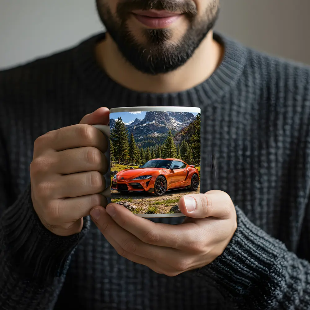 Orange Toyota Supra Mountain Forest Setting – Mugs