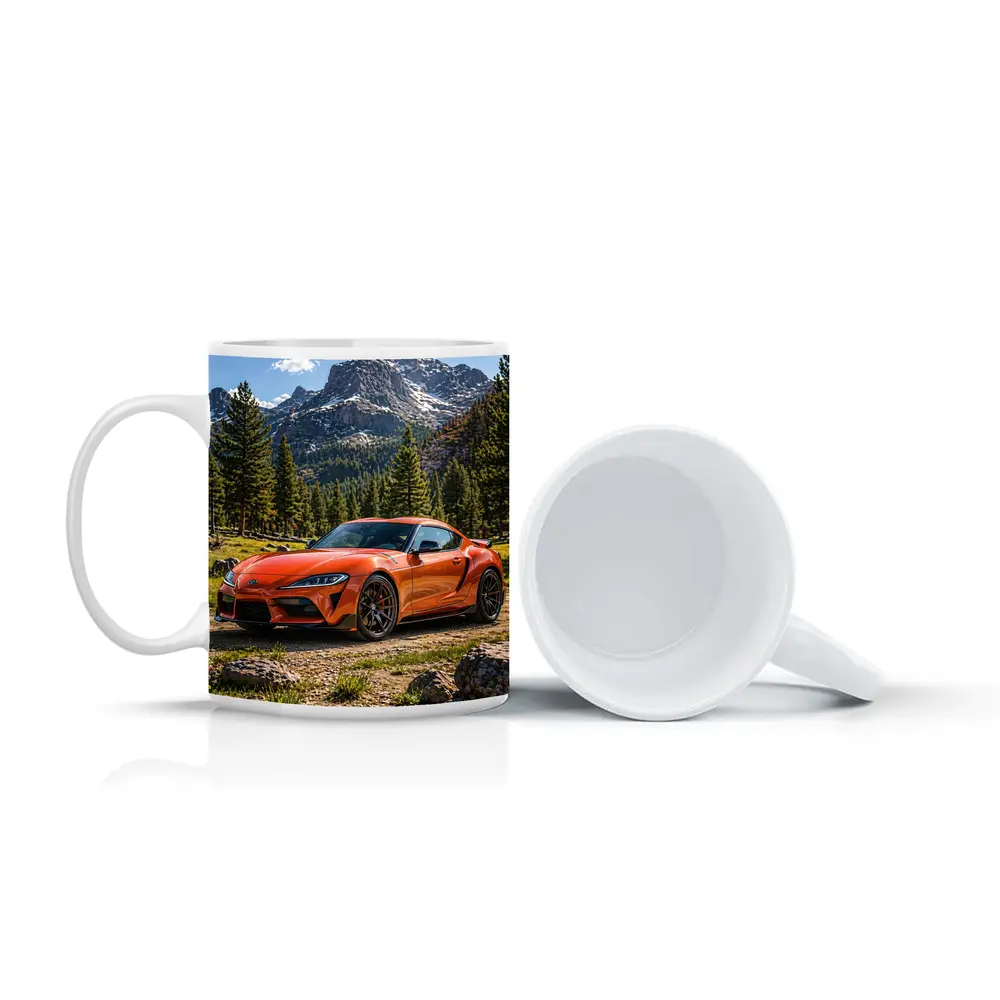 Orange Toyota Supra Mountain Forest Setting – Mugs