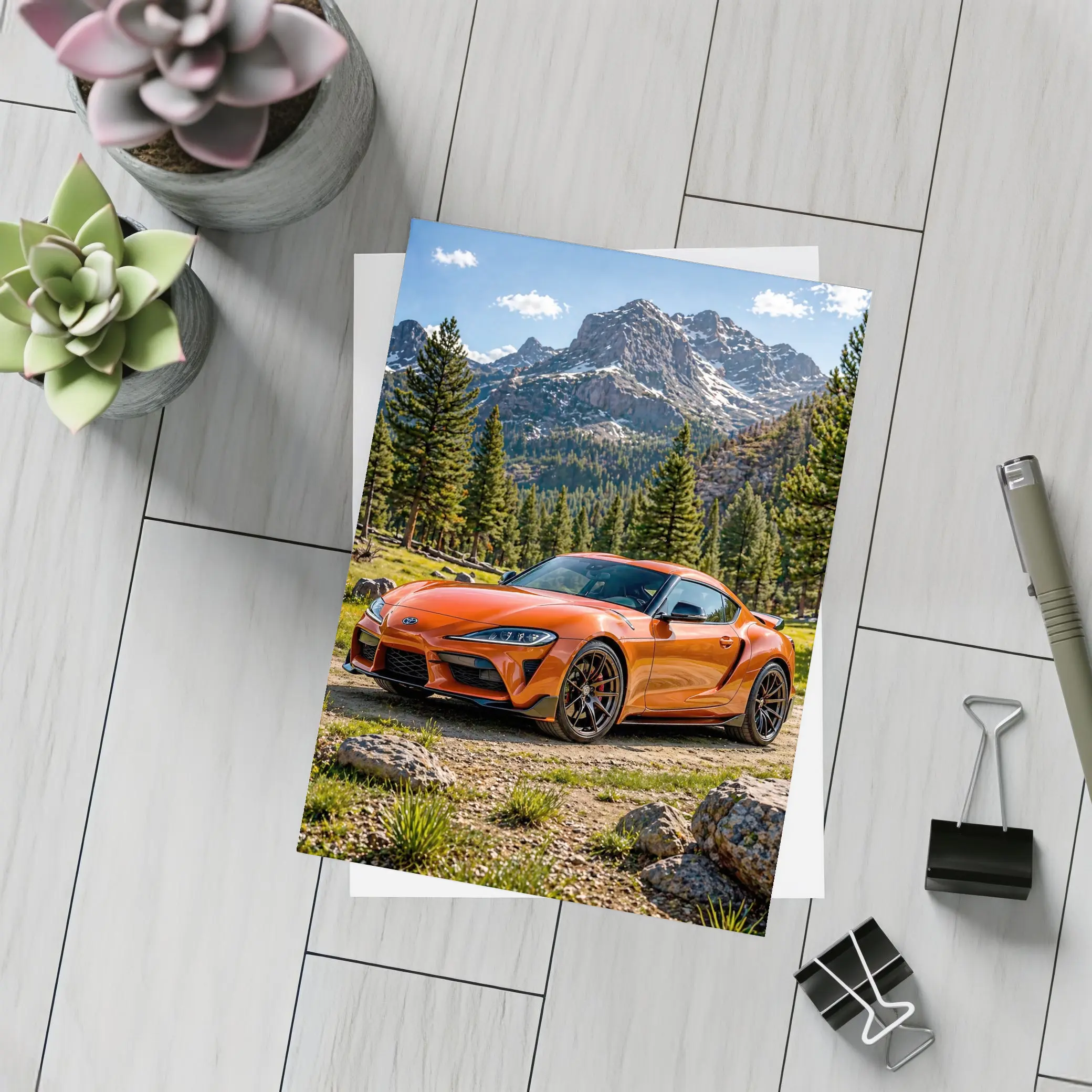 Orange Toyota Supra Mountain Forest Setting – Postcards
