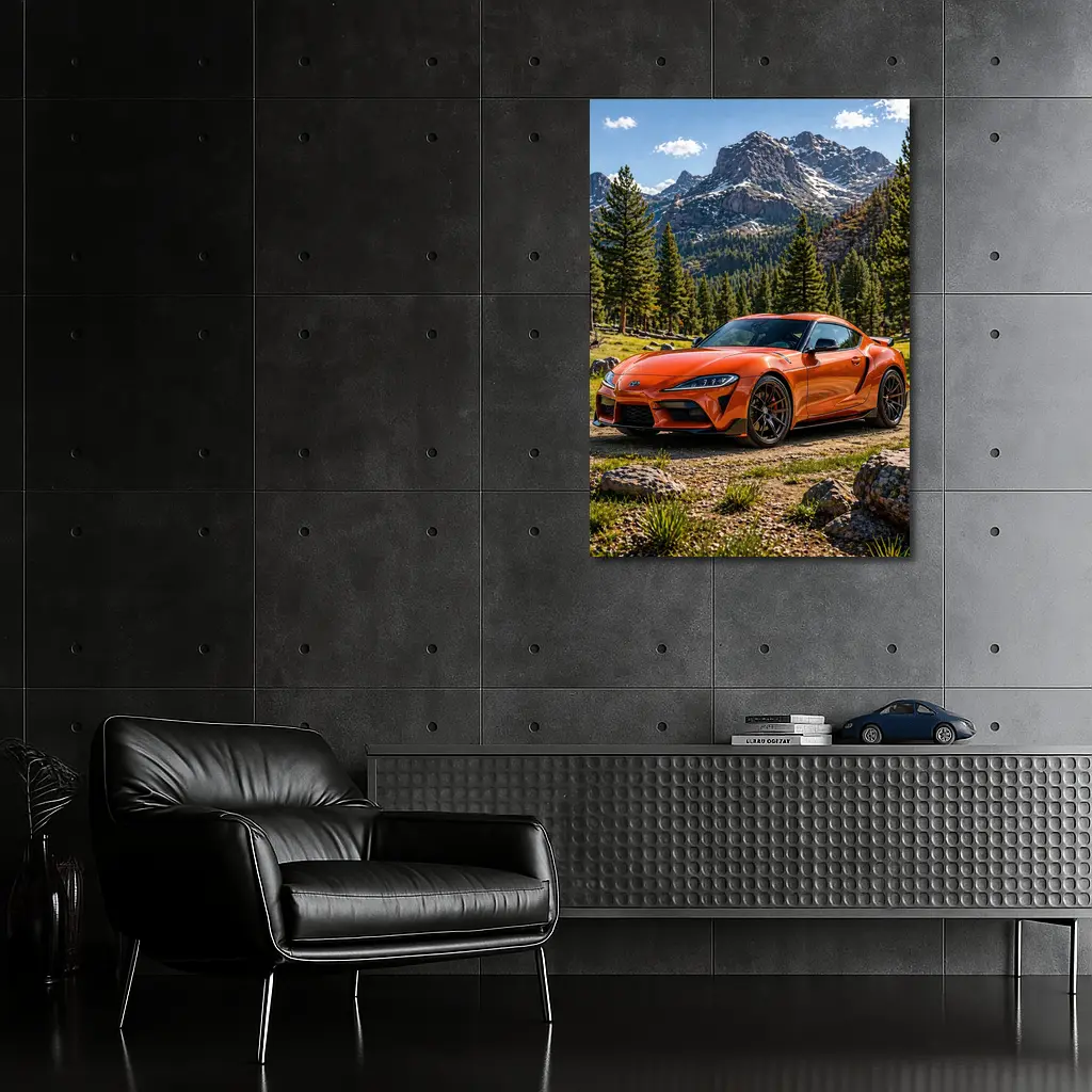 Orange Toyota Supra Mountain Forest Setting – Wall Art