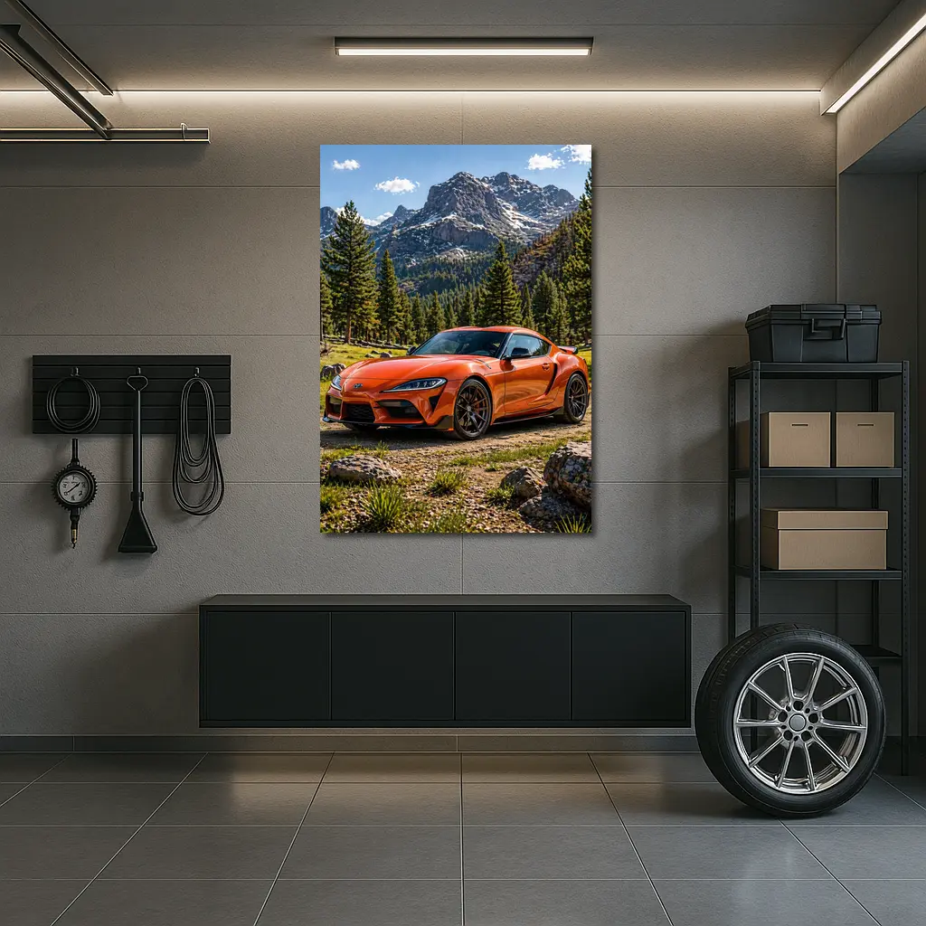 Orange Toyota Supra Mountain Forest Setting – Wall Art