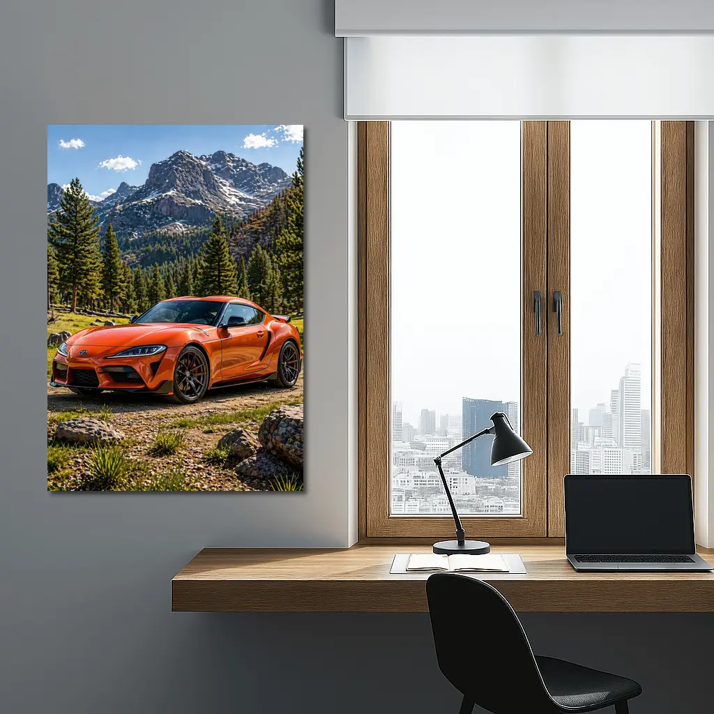 Orange Toyota Supra Mountain Forest Setting – Wall Art