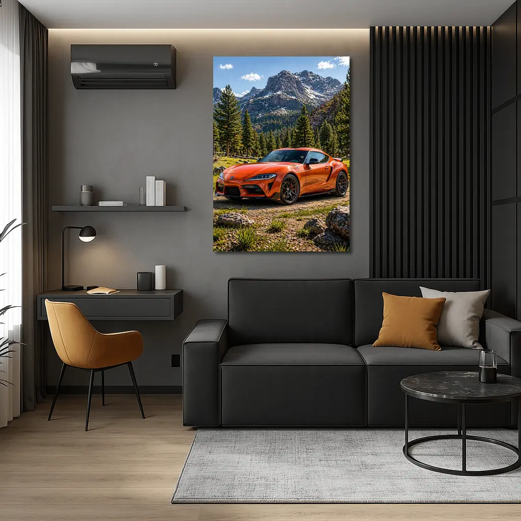 Orange Toyota Supra Mountain Forest Setting – Wall Art