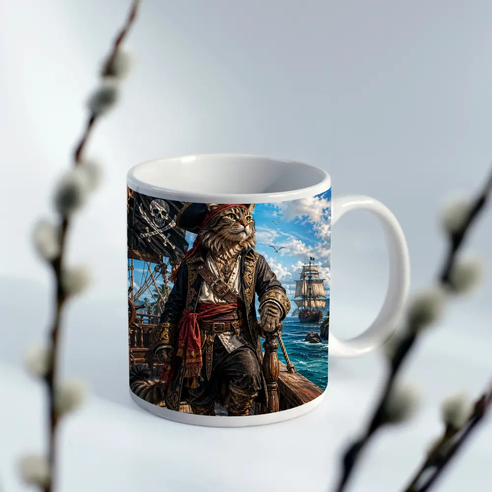 Pirate Cat Captain On Caribbean Ship – Mugs