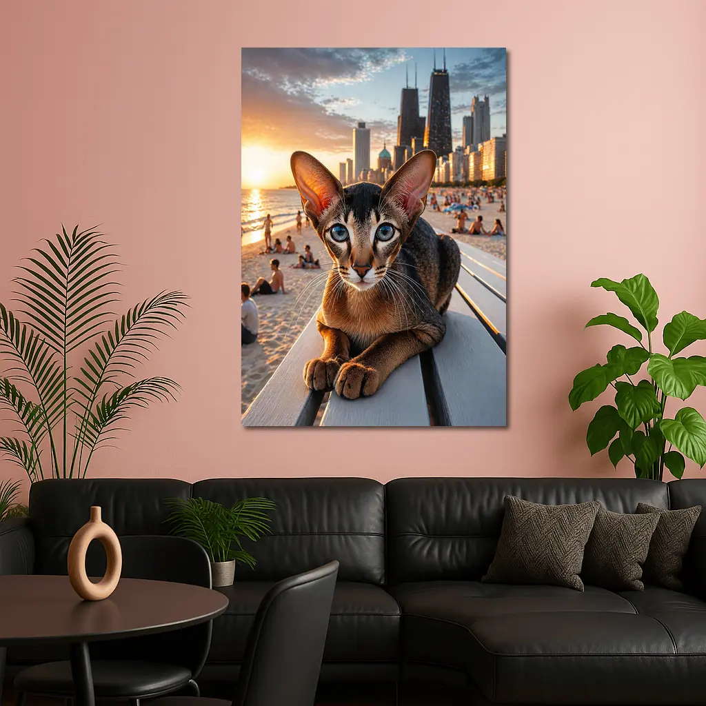 Abyssinian Cat Chicago Skyline Beach Sunset – Wall Art
