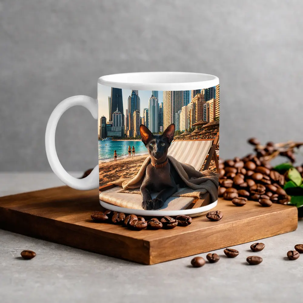 Oriental Shorthair Cat Relaxing Dubai Beach – Mugs