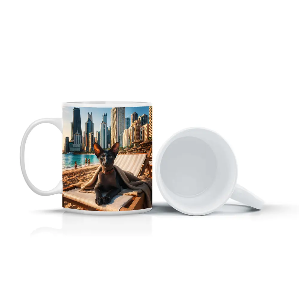 Oriental Shorthair Cat Relaxing Dubai Beach – Mugs