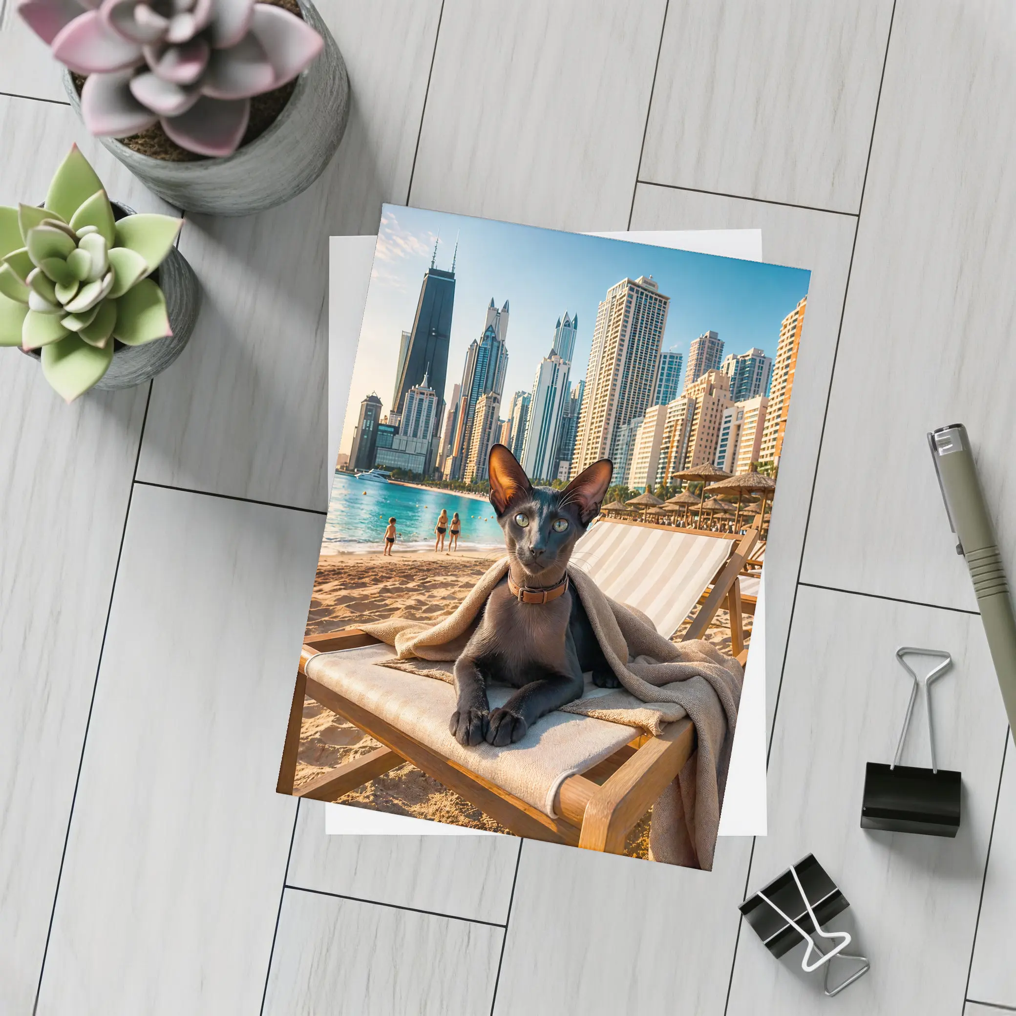 Oriental Shorthair Cat Relaxing Dubai Beach – Postcards