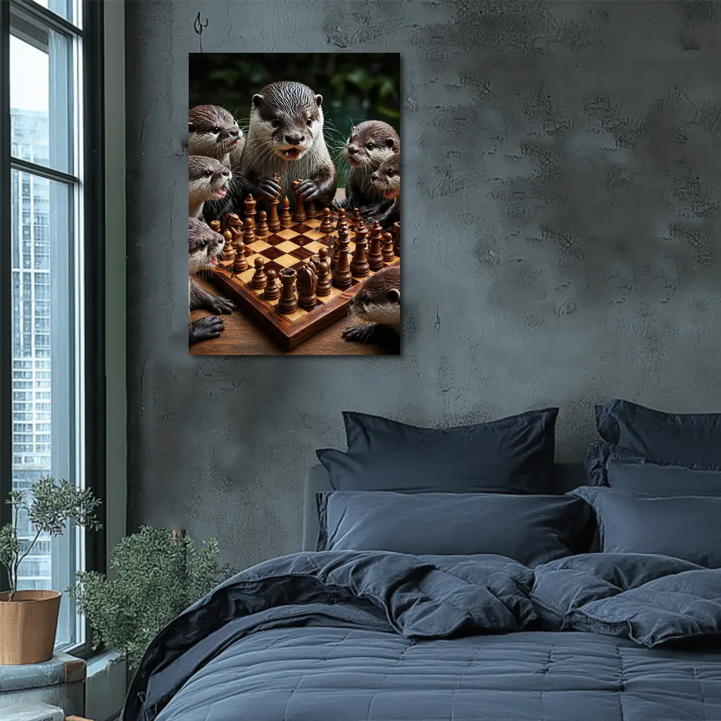 Otters Playing Chess on Wooden Board – Wall Art