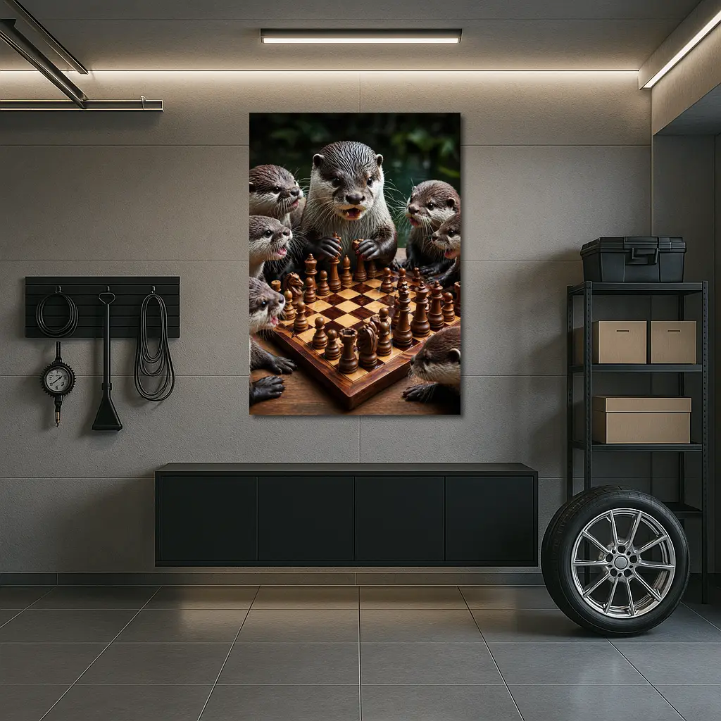 Otters Playing Chess on Wooden Board – Wall Art