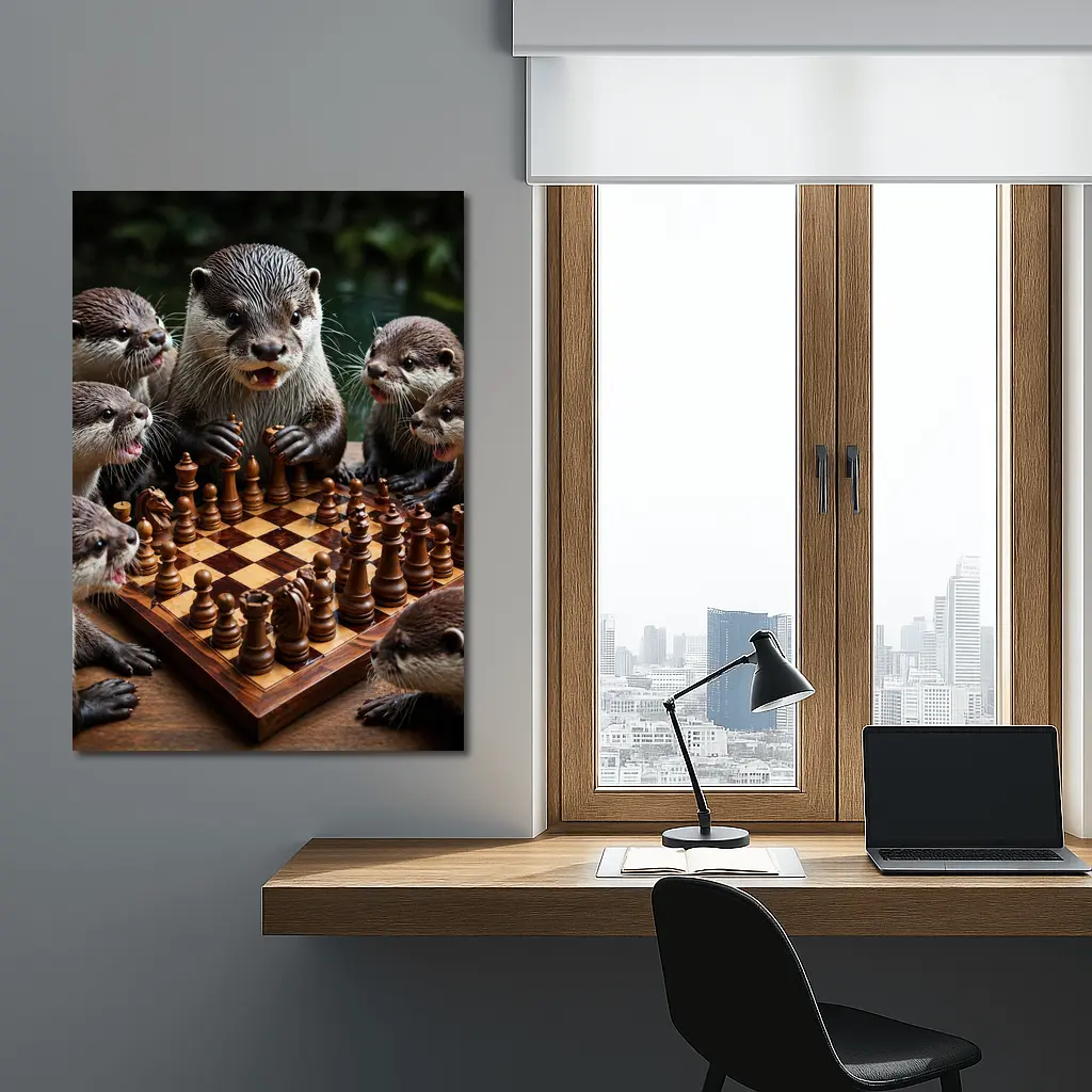 Otters Playing Chess on Wooden Board – Wall Art