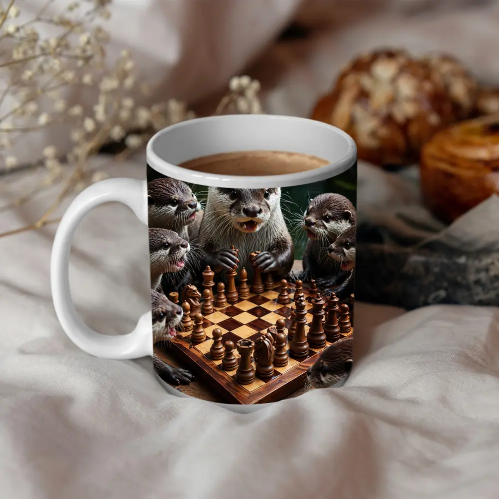 Otters Playing Chess on Wooden Board – Mugs