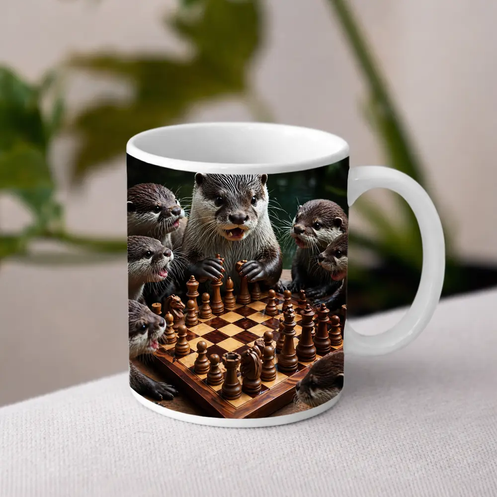 Otters Playing Chess on Wooden Board – Mugs