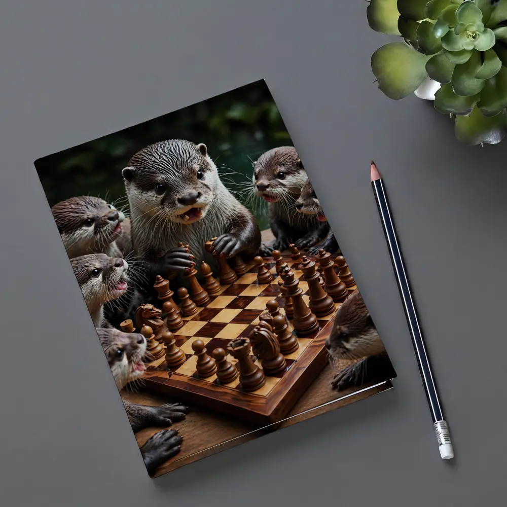Otters Playing Chess on Wooden Board – Notebooks