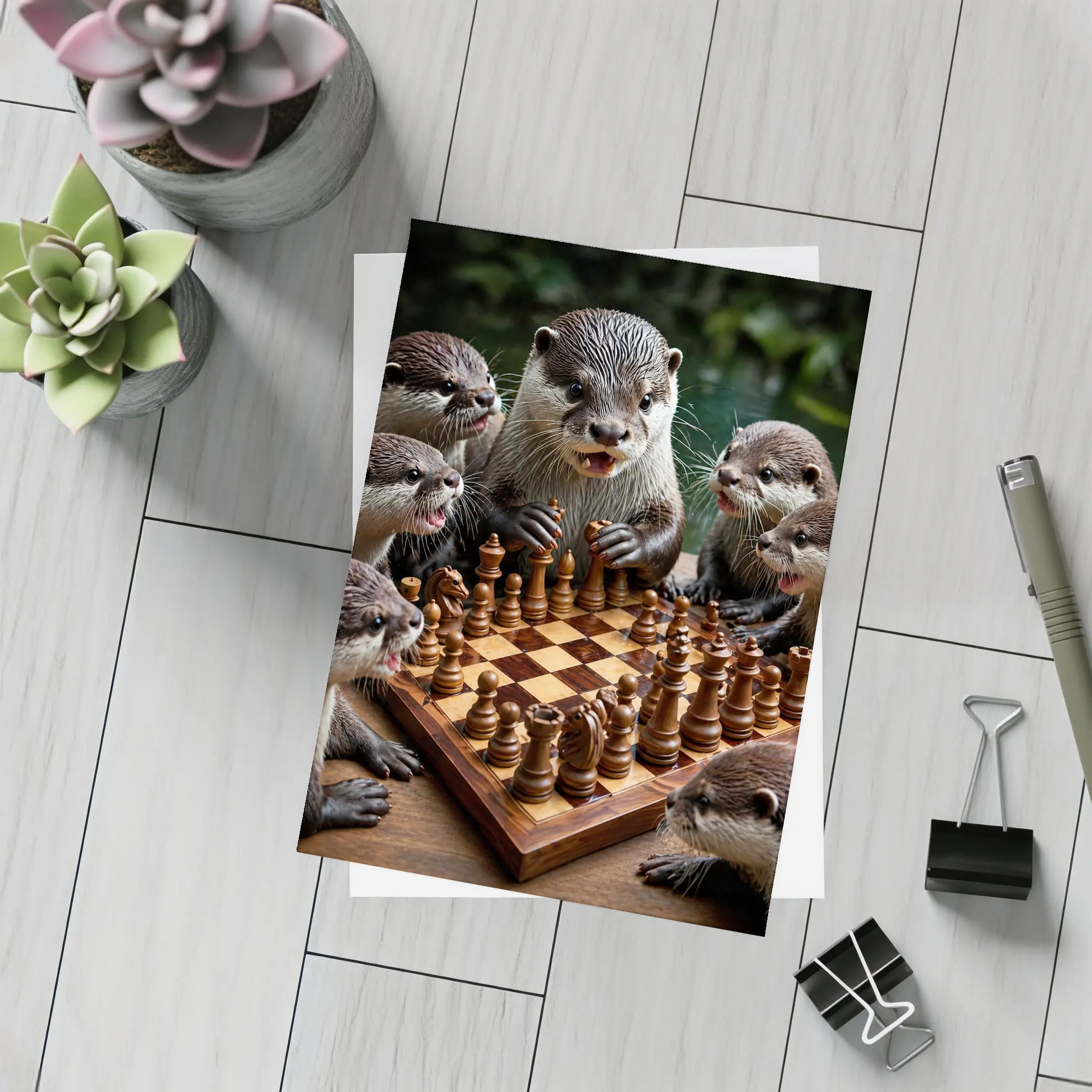 Otters Playing Chess on Wooden Board – Postcards