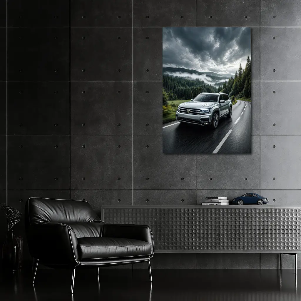 Volkswagen Atlas SUV Stormy Forest Road Drive – Wall Art