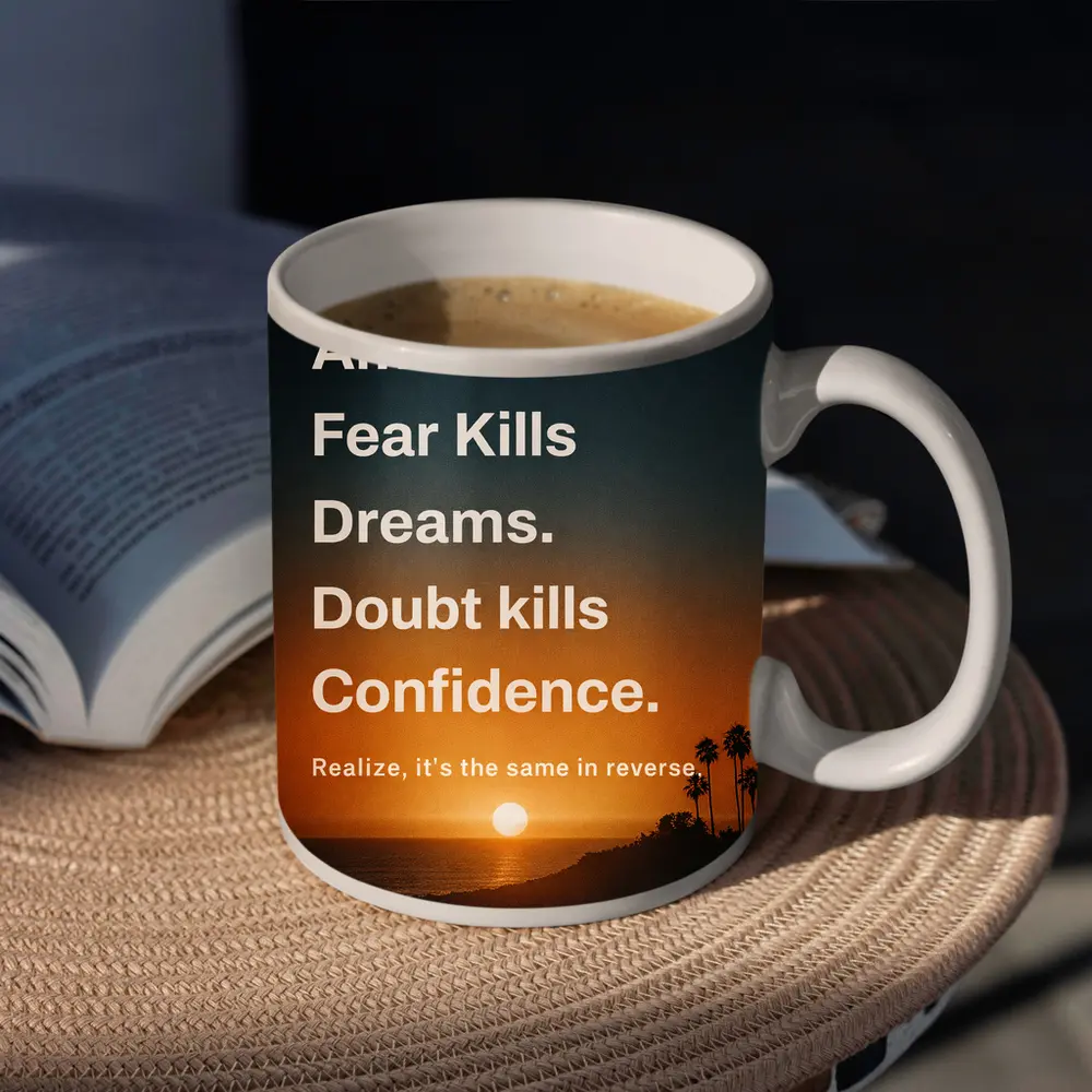 Laziness Fear Doubt Motivational Sunset Quote Art – Mugs