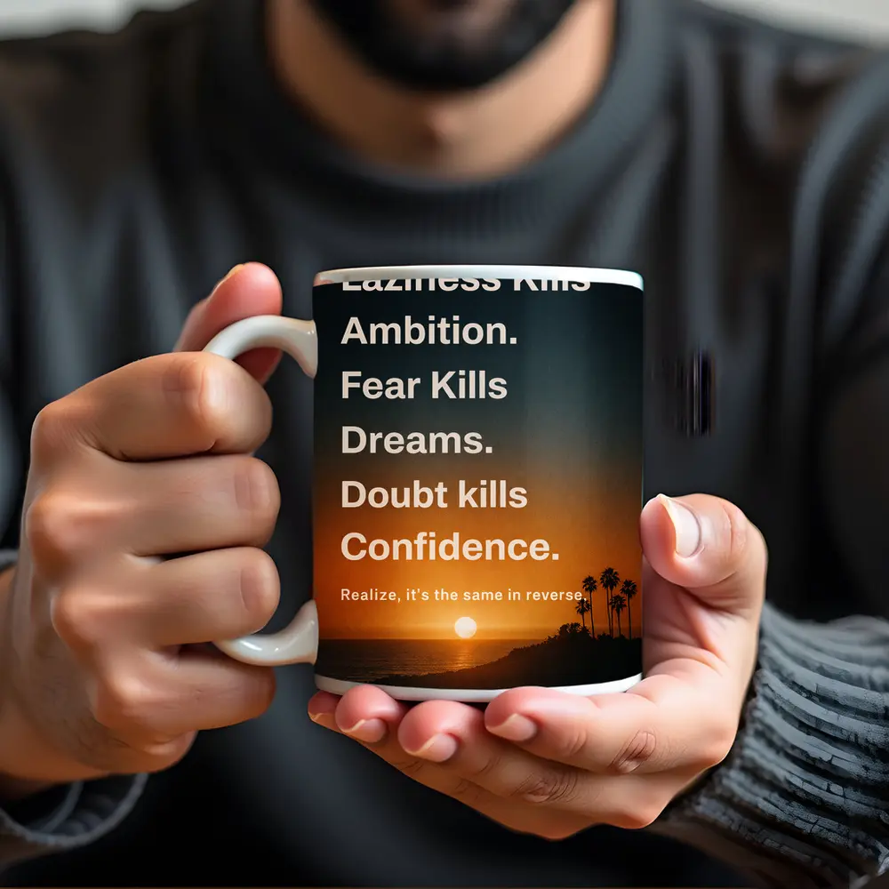 Laziness Fear Doubt Motivational Sunset Quote Art – Mugs