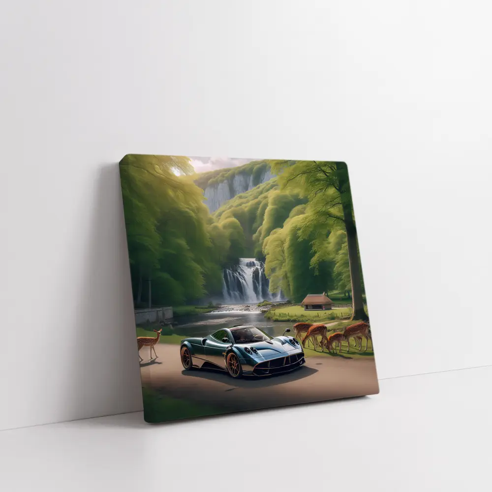 Pagani Huayra Supercar Near Waterfall Deer – Wall Art