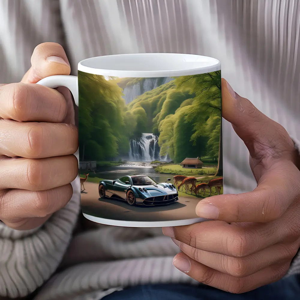 Pagani Huayra Supercar Near Waterfall Deer – Mugs