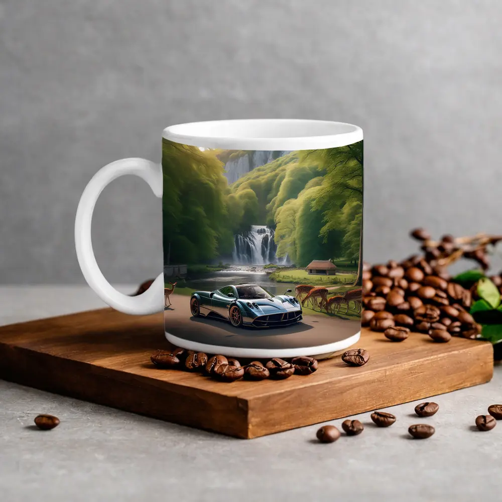 Pagani Huayra Supercar Near Waterfall Deer – Mugs