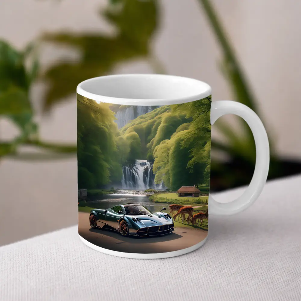Pagani Huayra Supercar Near Waterfall Deer – Mugs