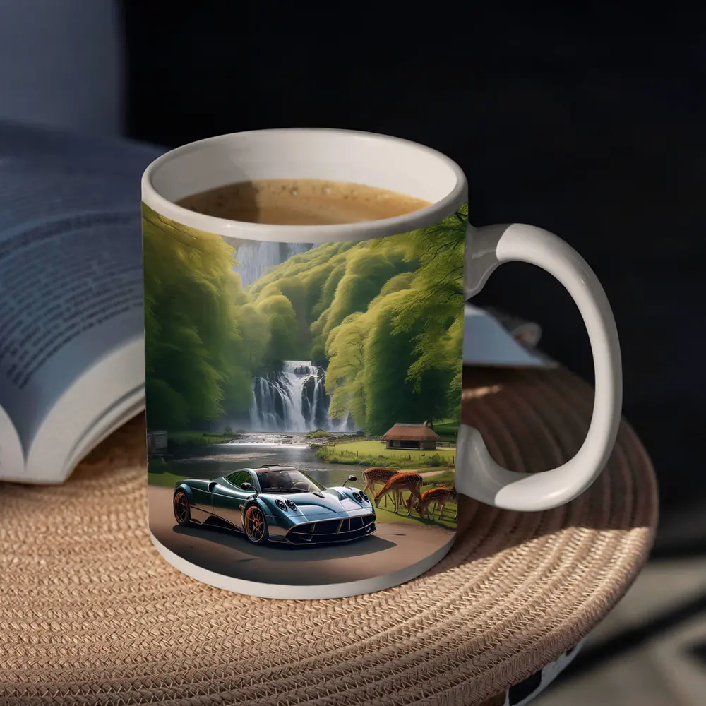 Pagani Huayra Supercar Near Waterfall Deer – Mugs