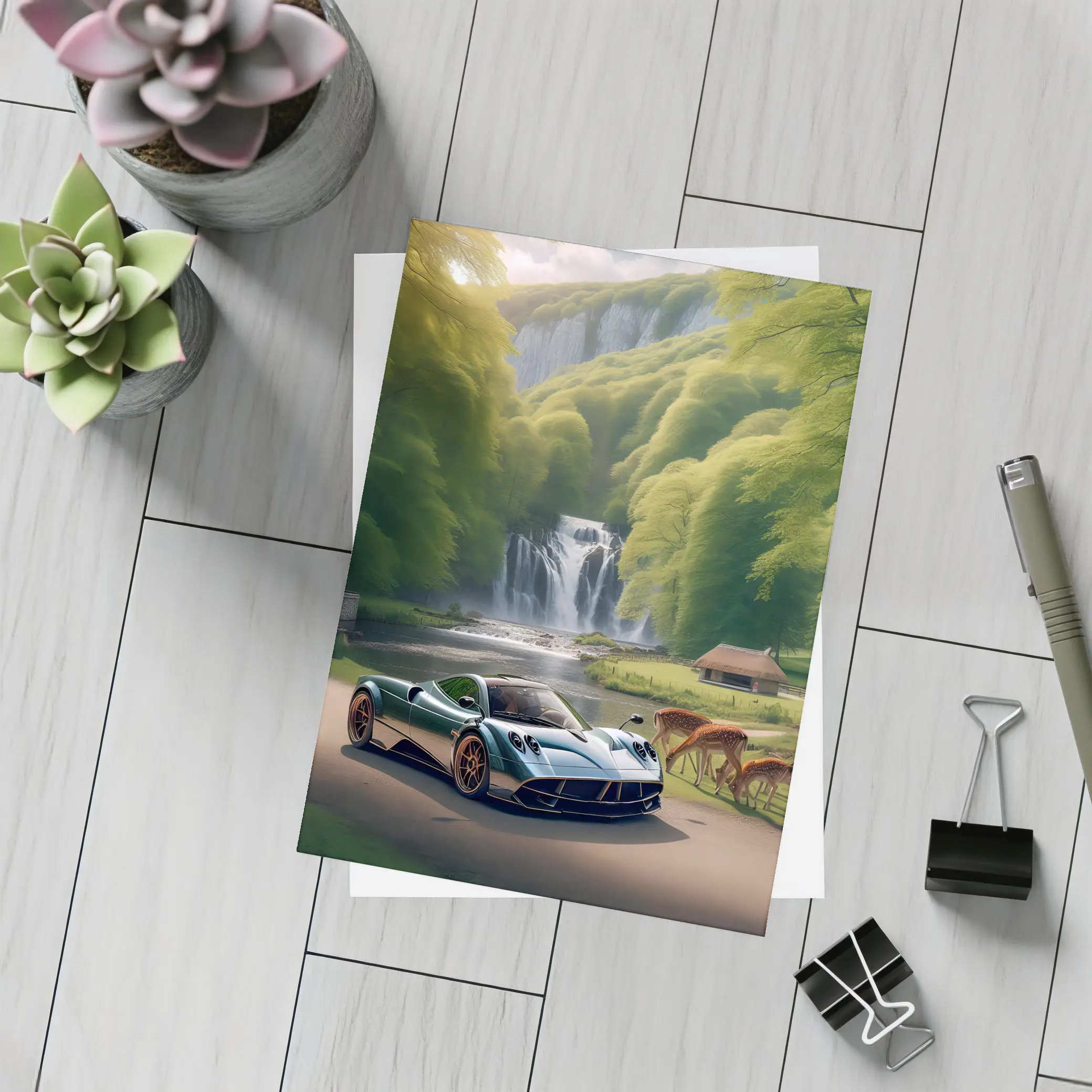 Pagani Huayra Supercar Near Waterfall Deer – Postcards