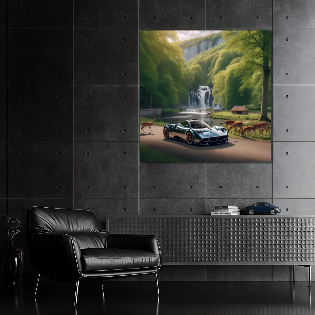 Pagani Huayra Supercar Near Waterfall Deer – Wall Art